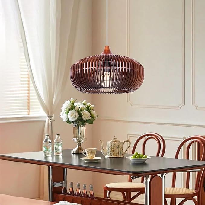 Wooden Pendant Lights, 16.89" 1-Light Wood Chandelier Coffee Lampshade Ceiling Fixture with Lamp Shade, Coastal Hanging Lighting for Dining Room Kitchen Island