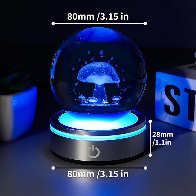 3D Crystal Ball Night Light with LED Colorful Touch Lighting Base - 3.15 In Mushroom Figurine Glass Sphere Lamp for Birthday, Christmas, Cute Home Decor Gifts for Kids, Teens, Women