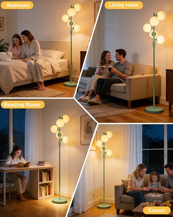Lightdot Dimmable Globe Floor Lamp Mid Century Modern Floor Lamp with 5Pcs 3000K G9 Bulbs Stepless Brightness Adjustable Green Standing Lamps with Stable Base for Living Room Bedroom Office