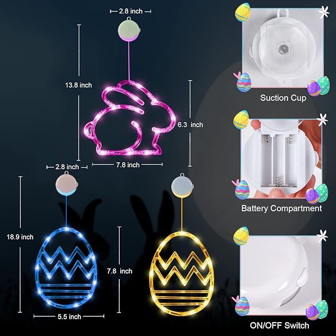LOLStar Easter Window Decorations, Window Lights, 3 Pack Easter Egg and Bunny Shaped Pink Yellow Blue Hanging String Lights with Suction Cup, Battery Operated Indoor Lights for Home Decor