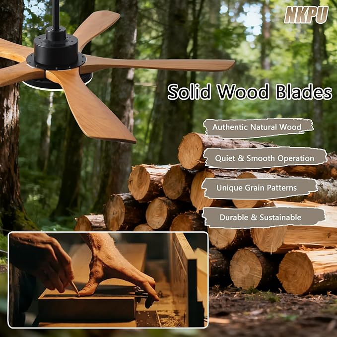 Ceiling Fans with Lights and Remote Control, 5 Solid Wood Blades, 3CCT Dimmable, 56 Inch Modern Outdoor Ceiling Fans for Bedroom Farmhouse Patios, Quiet DC Motor