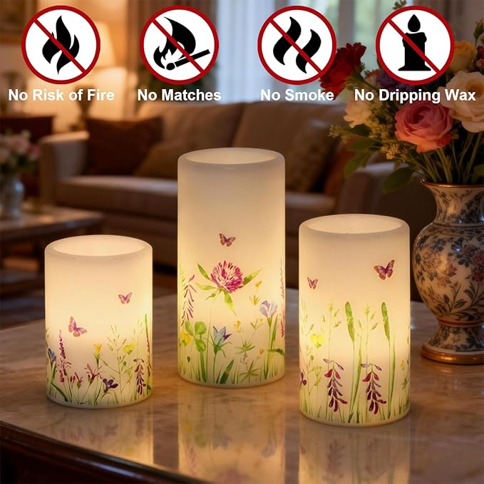 DRomance Butterfly Spring Flameless Candles with 6 Hour Timer Real Wax Battery Operated LED Flickering Pillar Candles Dinner Holiday Home Decor(3 Pack, 3" D x 4", 5", 6" H)