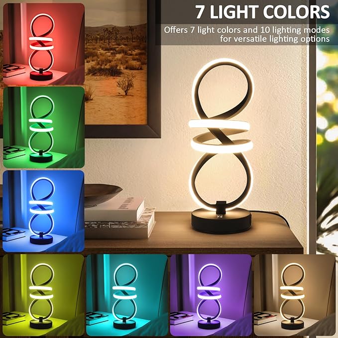 Modern LED Table Lamp, Spiral RGB Table Lamp, Touch Dimmable LED Nightstand Lamp with USB/Type C, 7 Colors & 10 Light Modes Bedside Lamp for Bedroom, Living Room, Office, Cool Lamps for Ideal Gift
