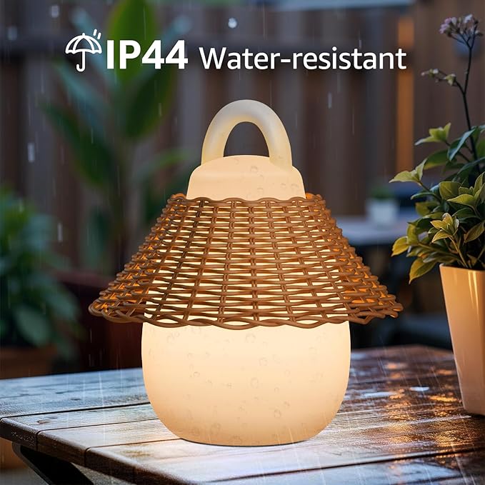 Rattan Outdoor Lanterns, GGII Rechargeable Camping Lantern with IP44 Waterproof, Battery Operated Outdoor Portable Cordless Table Lamp with RGB Lights for Patio Balcony Garden