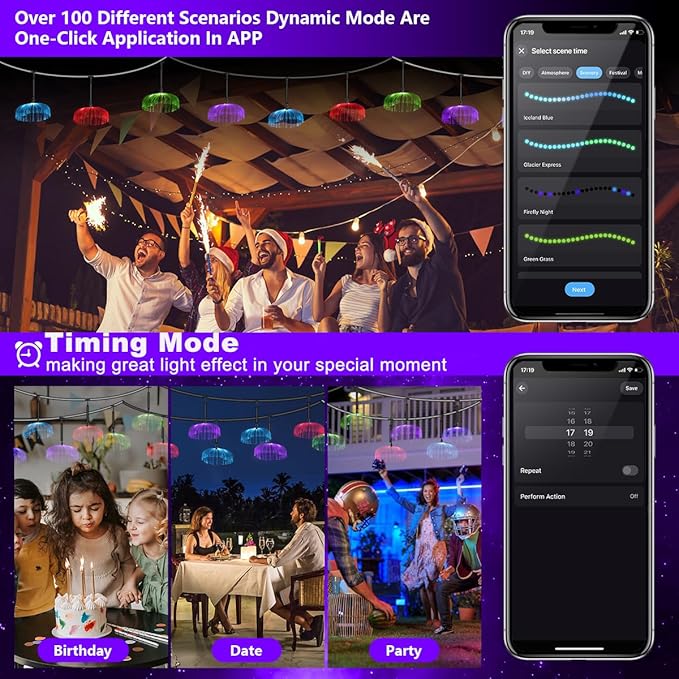 AZIMOM Smart 10pcs Fiber Optic Jellyfish Lamp 32.8ft APP Control Timing Music Sync RGBW Colorful IP67 Waterproof Outdoor Fairy Hanging String Light Garden Trees Christmas Party Wedding Ceiling Decor