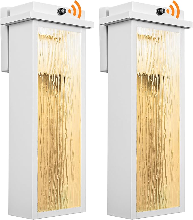 White LED Dusk to Dawn Outdoor Lighting 2 Packs, 16" Large Outside Farmhouse Wall Lantern, Industrial Porch Wall Mount Light Fixture with Rippled Glass, Waterproof Modern Exterior Sconce Lamp
