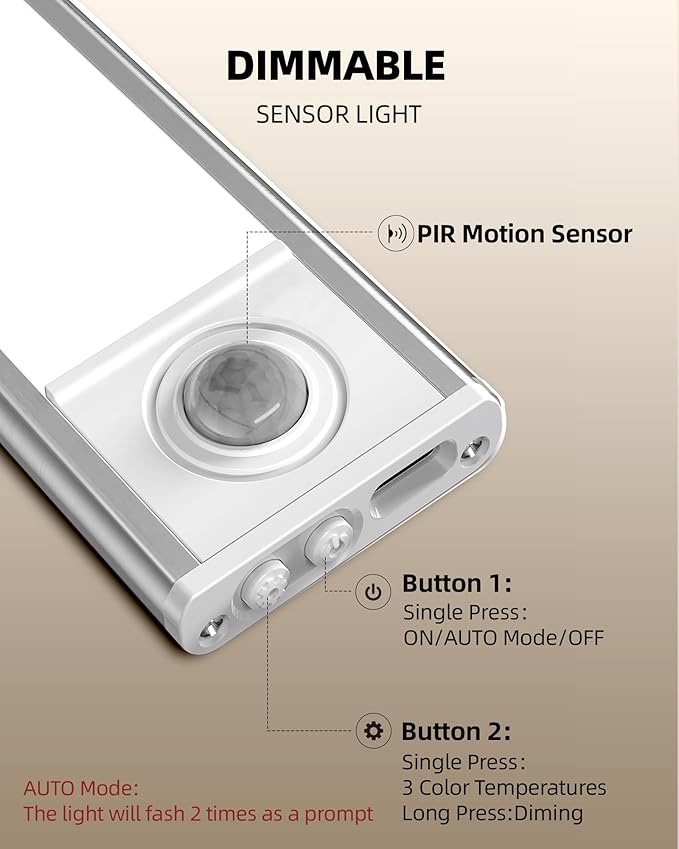Under Cabinet Lighting Wireless,Rechargeable Battery Motion Sensor Light Indoor,LED Closet Lights USB Charging,3 Color Dimmable Under Cabinet Lights for Kitchen, Cabinet, Wardrobe (3 Pcs) 16inch