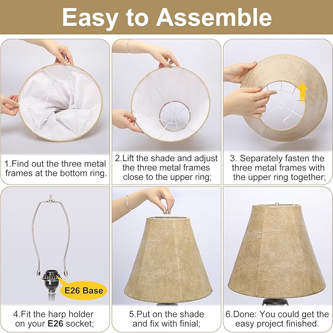 Rustic Lampshades Set of 2, Bell Lamp Shades Replacement 6"x13x10", Medium Faux Leather Lampshades for Table Lamps, Floor Lamps, Hand Crafted(Spider Fitter), Harp Holders Included, Assembly Required