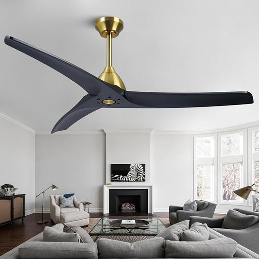 54 Inch Minimalist Ceiling Fan No Lights,Wood Ceiling Fan without Light,6-Speed,Reversible DC Motor,Timer,Outdoor with Remote for Bedroom Living Room Patios,Black and Brass