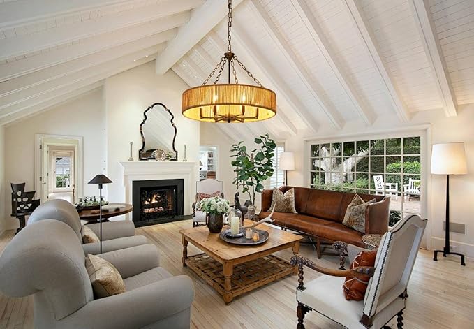 Farmhouse Ceiling Chandelier, 24-inch Bohemian Style Natural Rustic Woven Hemp Rope Pendant Light Round Black Suspension Fixture Suitable for Living Room, Bedroom, Dining Room, Kitchen