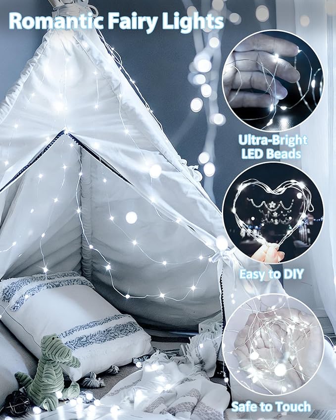 6 Pack Christmas Fairy Lights Battery Operated with Timer, Each 20FT 60LED String Lights Outdoor Indoor, Cuttable Battery Twinkle Light for Bedroom Home Wedding DIY Christmas Decorations (Cool White)