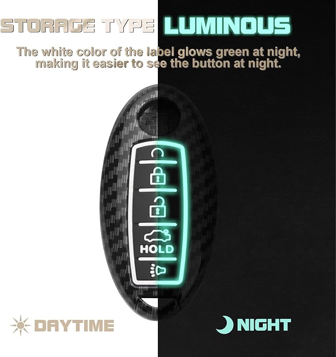 Xotic Tech Smart Key Fob Shell Full Cover Case Keychain Compatible with Nissan Maxima Murano Altima GT-R 370Z Rogue or Infiniti JX35 Q50 Q60 Q70 QX60, Carbon Fiber ABS Silicone Night-Luminous Black