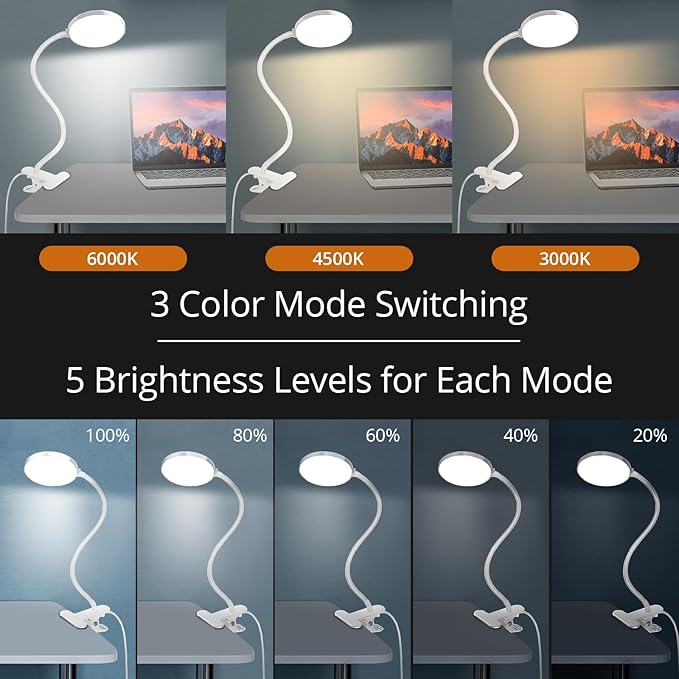 Reading Light with Remote, LED Desk Lamp Clip on [1H Timer & Nightlight] RA>95 Dimmable Flexible Gooseneck, Reading Lamp with Clamp for Table - 4.7'' (Adapter Included)
