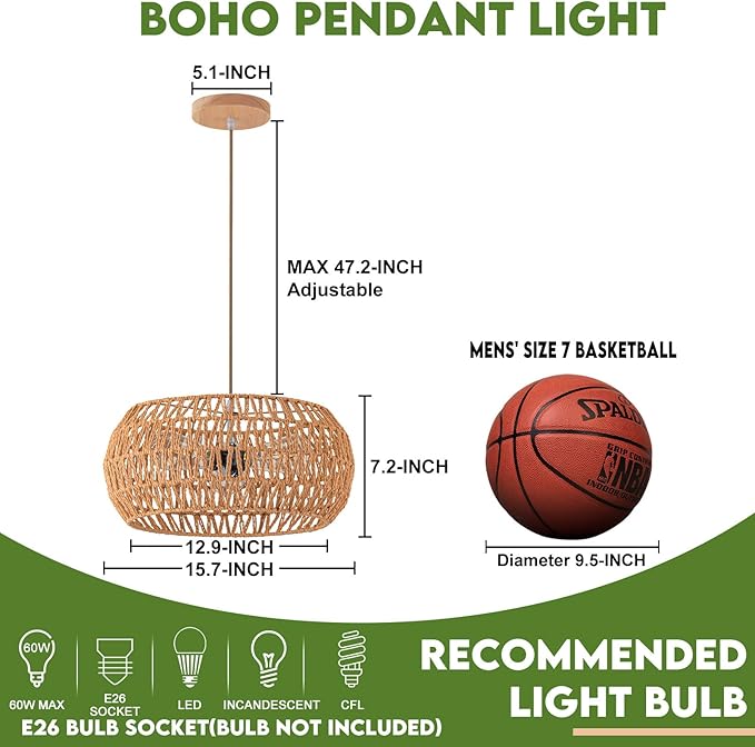 Rattan Light Fixture Dinning Room Pendant Light Boho Chandelier Hanging Light Ceiling Mount Hand Woven Lamp Shade 3-light Drum Chandelier Basket Light for Bedroom Hallway Kitchen Island Light Fixture
