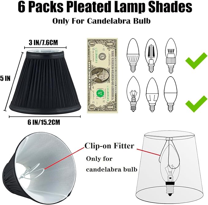 Chandelier Shades Set of 6,Mini Lamp Shade 3" Top x 6" Bottom x5" Slant,Small Lamp Shades Clip On Bulb,Pleated Chandelier Lamp Shades,Fabric Lampshades That Attach to The Bulb(Black)