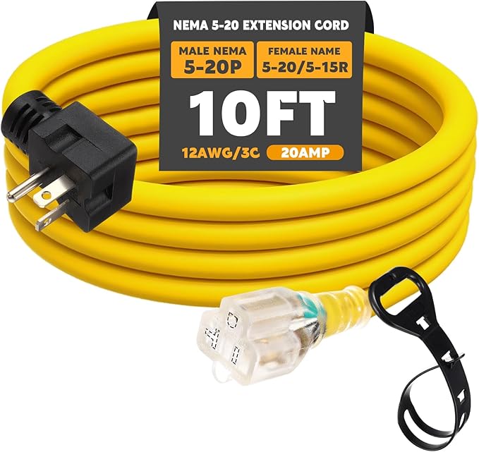 Kanayu 10FT NEMA 5-20 Extension Cord, 5-20P Male Plug to 5-20/5-15R Female Receptacle, 20 Amp T-Blade Outlet Extension Power Cord with Indicator Light, 12 AWG, ETL Listed