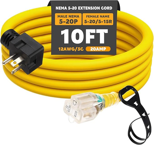 Kanayu 10FT NEMA 5-20 Extension Cord, 5-20P Male Plug to 5-20/5-15R Female Receptacle, 20 Amp T-Blade Outlet Extension Power Cord with Indicator Light, 12 AWG, ETL Listed