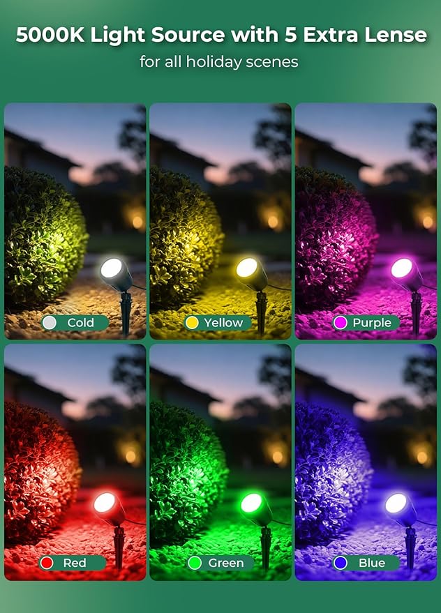 Halloween Spotlights Outdoor, 120V Plug-in Christmas Spot Light, 5000K LED Landscape Lighting with 5 Color Lenses (Red Green Blue Purple Yellow), IP67 Waterproof, 4 Pack