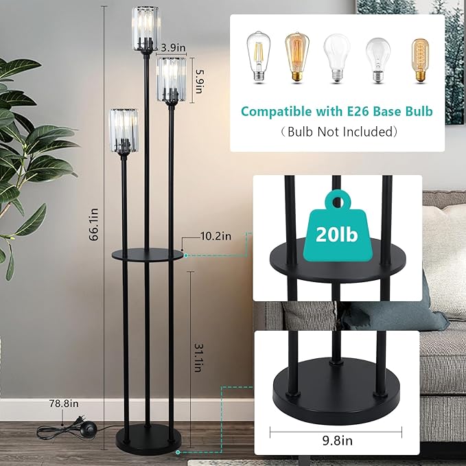 HMVPL Crystal Floor Lamp with Shelves, Modern Floor Lamps for Living Room, 3-Light Standing Lamps with Table, Black Tall Lamp with Crystal Shade, On/Off Foot Switch, Corner Floor Lamp for Bedroom