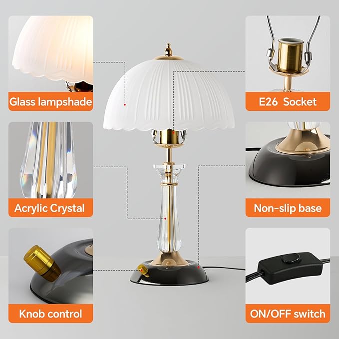 Crystal Table Lamp Set of 2, Dimmable Bedside Lamp with ON/Off Switch Modern Glass Lamps for Night Stands Bedroom Living Room Decor