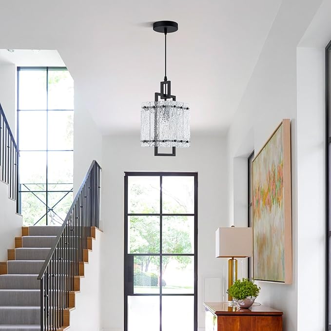 Pendant Lights Kitchen Island,Black Pendant Light Fixtures with Water Ripple Glass, Modern Pendant Lighting for Dining Room