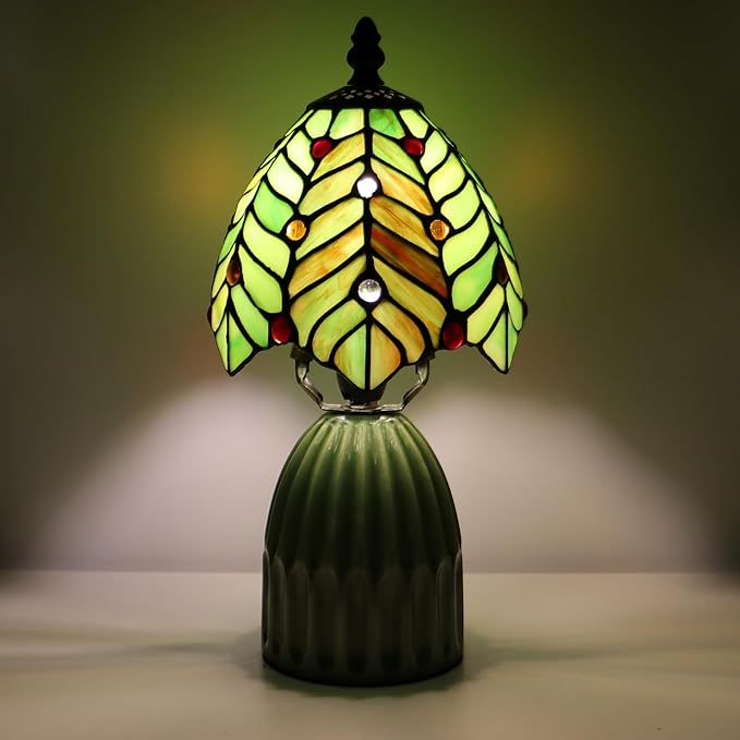 Stained Glass Mushroom Table Lamps 6X6X12.5 Inch Green Coconut Leave Style Small Night Light Ceramic Base Mini Accent Desk Light Suitable for Bedside Table Bedroom Children Room