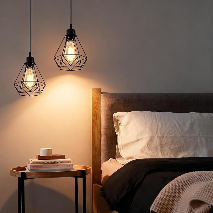 COTTAGE LIFE Black Pendant Light Fixtures 2 Pack, Farmhouse Industrial Metal Cage Pendant Lights, Adjustable Hanging Light Fixtures for Kitchen Island, Dining Room, Bar, Bedroom, Hallway