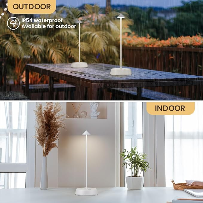 Cordless Table Lamps Rechargeable, 6000mAh LED Battery Operated Desk Lamp, Portable Outdoor Waterproof Touch Stepless Dimmable Wireless Table Light for Dining Restaurant Home Patio (White-2PC)