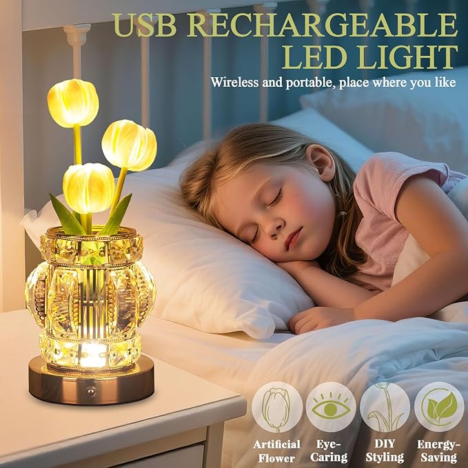 Tulip Table Lamp, Rechargeable Cordless Touch Dimming Artificial Tulip Flower Desk Lamp, LED Crystal Lamp Flower Bedside Night Light, Romantic Gifts for Girl Women Mom (White - Tulip)