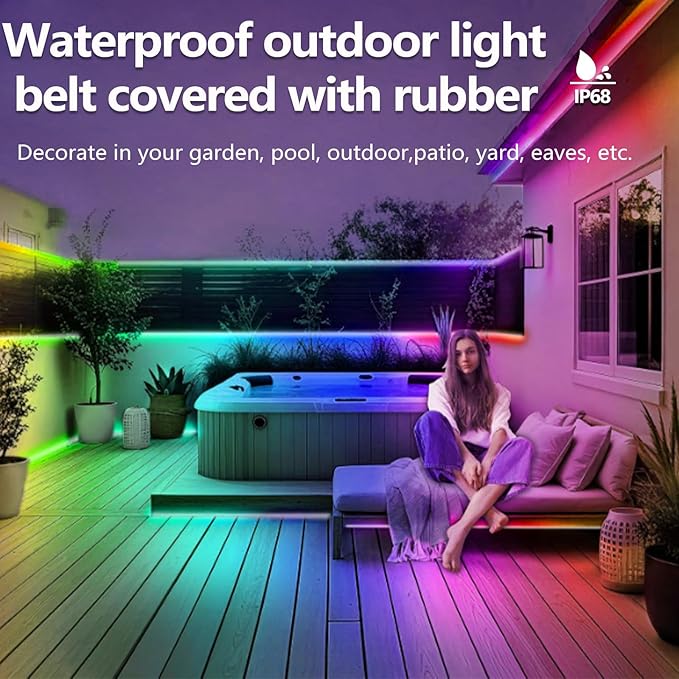 32.8FT Ws2812 RGB+IC LED Strip Lights IP68 Outdoor Waterproof, 5V USB Powered, Music Sync Bluetooth APP/RF Remote Control Lights for Balcony,Deck,Camping,Garden,Bedroom Decor