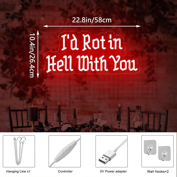 I’d Rot in Hell with You Neon Sign, Amigo the Devil Wedding Neon Sign, Gothic Home Decor, Unique Couple’s Neon Light for Weddings, Anniversary, and Dark-Themed Rooms 22.8"×10.4"