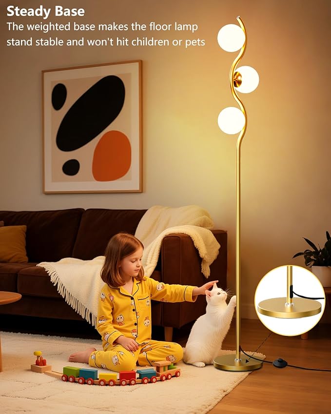 Lightdot Globe Floor Lamp for Living Room, Mid Century Modern Floor Lamps with 3Pcs 3000K Soft Warm White G9 Bulbs Included, Gold Tall Standing Lamp for Bedroom/Sofa Beside/Corner Decor