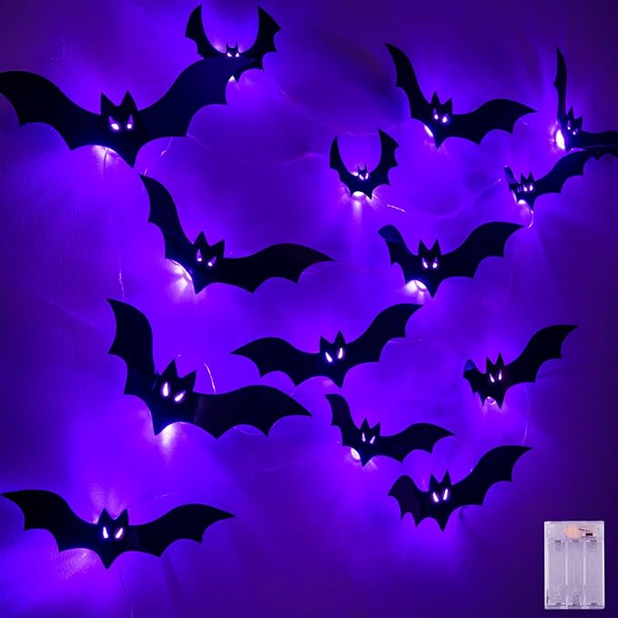 Halloween Bats Fairy Lights Wall Decor, 20 Packs Lighted Bats Stickers with Timer Halloween Party Wall Window Indoor Home Decorations