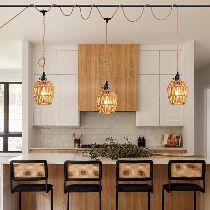 3 Light Plug in Pendant Light Rattan Hanging Lights with Switch 22FT Industrial Ceiling Light,Plug in Cord with Woven Hemp Rope Lamp Shade, Hanging Lamp Cord Farmhouse Cable DIY