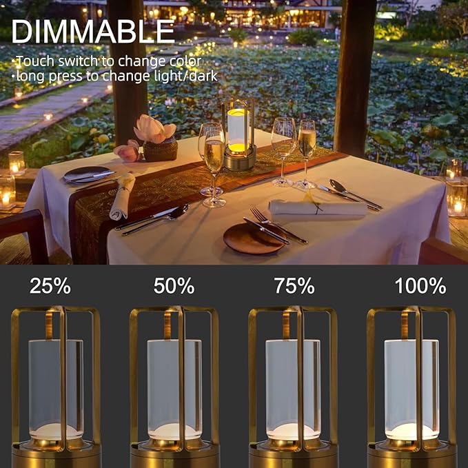 Rechargeable Cordless LED Table Lamp - Waterproof Portable Touch Dimmable Desk Light for Outdoor, Camping, Patio, Bedroom, Living Room - Night Light with Long Battery Life (Gold)