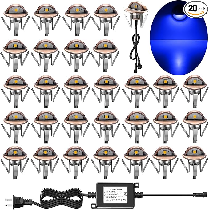 Recessed LED Deck Light Kit, 12V Low Voltage Waterproof IP65 In Ground Outdoor Landscape LED Lighting for Stair Patio Garden Floor Corner Sauna Room Bathroom(Blue,30pcs)