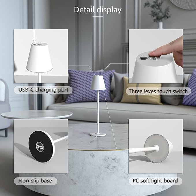 2-Pack Cordless Table Lamps - 5000mAh Rechargeable Battery Operated Desk Lamp, 3-Level Dimmable LED Night Light for Bedroom, Dining, Restaurant - Metal Design (White 2-Pack)