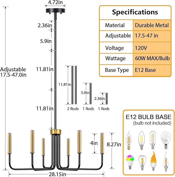 Black and Gold Chandelier, 6-Light Farmhouse Chandelier for Dining Room Lighting Fixtures Hanging, Dining Light Fixtures Industrial Modern Light Fixture for Bedroom, Foyer, Living Room and Entryway