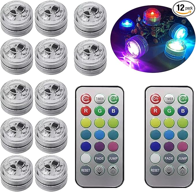 Submersible LED Lights, 12 PCS RGB Waterproof Color Changing Tea Light with Remote control and Timer, Battery Operated Mini Lights for Vase, Pool, Pond, Fish Tank,Parties,Wedding,Halloween,Christmas