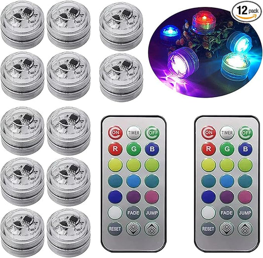 Submersible LED Lights, 12 PCS RGB Waterproof Color Changing Tea Light with Remote control and Timer, Battery Operated Mini Lights for Vase, Pool, Pond, Fish Tank,Parties,Wedding,Halloween,Christmas