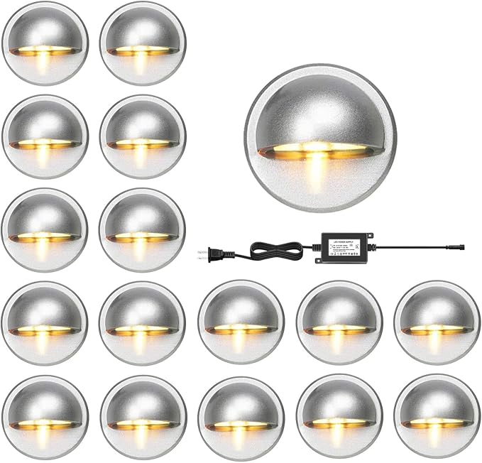 RNEHON 16-Pack Warm White LED Deck Lights Kit, Φ1.38 12V Low Voltage Step Stair Lights,IP65 Waterproof Recessed Landscape Lighting, Adapt for Garden,Yard Steps,Stair,Patio,Floor,Kitchen Decoration