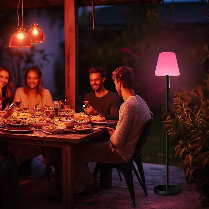 Outdoor Floor Lamp Solar Outdoor Lamps for Patio Waterproof Rechargeable Floor Lamp Cordless Dimmable Warm White+RGB LED Solar floor lamps Outdoor Battery Operated Patio Lamp with Light Sensor.