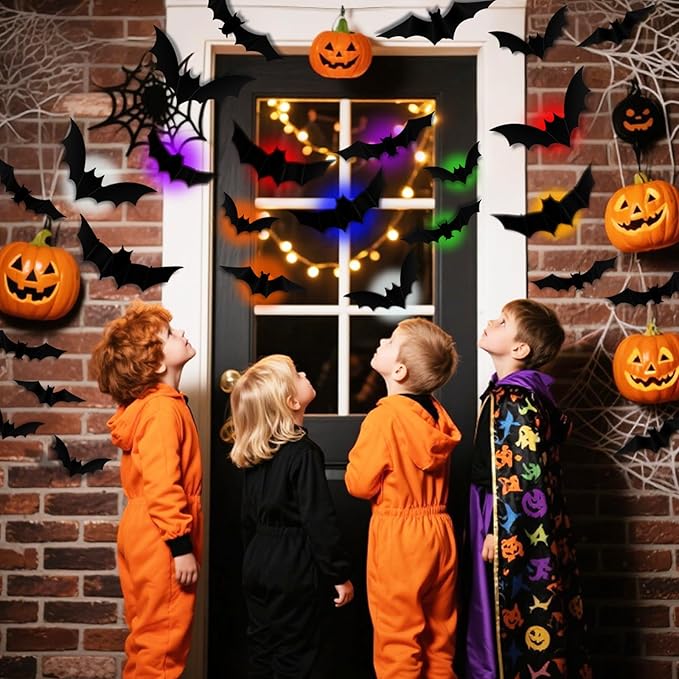 PChero 12 Lights & 48 Bats Halloween Decoration Kit with Remote Timer, Color Changing Light up Bats Wall Decor, 10 Different Size 3D Bat Stickers for Window Wall Living Room Bedroom Party Spooky Decor