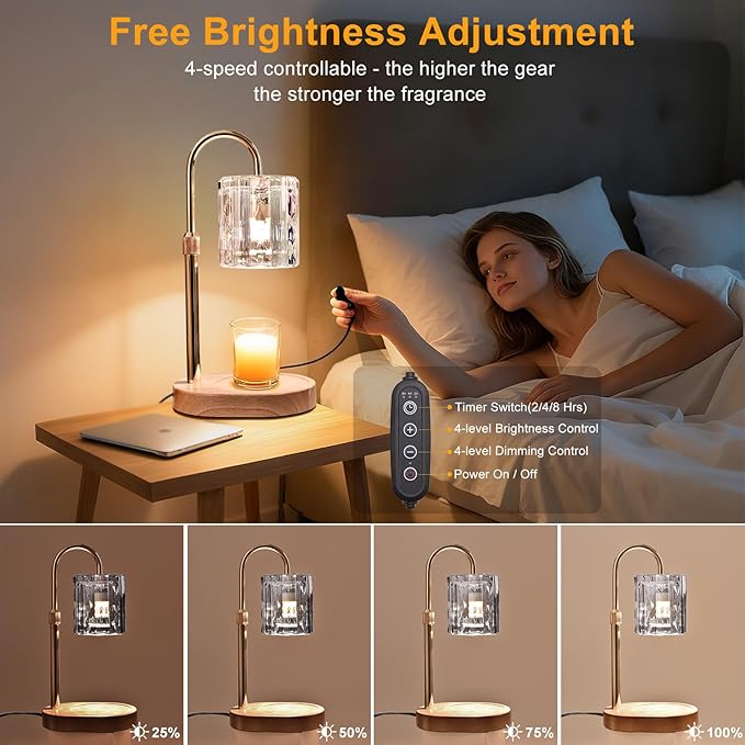Candle Warmer Lamp with Timer and Dimmer 4-Level Dimmable Flower Light Heat Lamp for Jar Candles Adjustable Height Modern Cute Home Decor for Living Room Bedroom(Gold) (Silver-Square)