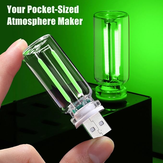 2PCS Car USB Night Light Touch Dimmable LED Filament Lamp, USB Plug-in Mini Glass Bottle Night Light DIY Mood Lamp Atmosphere Lights for Automotive Vehicle Bedroom Hallway Camping Decoration, Green