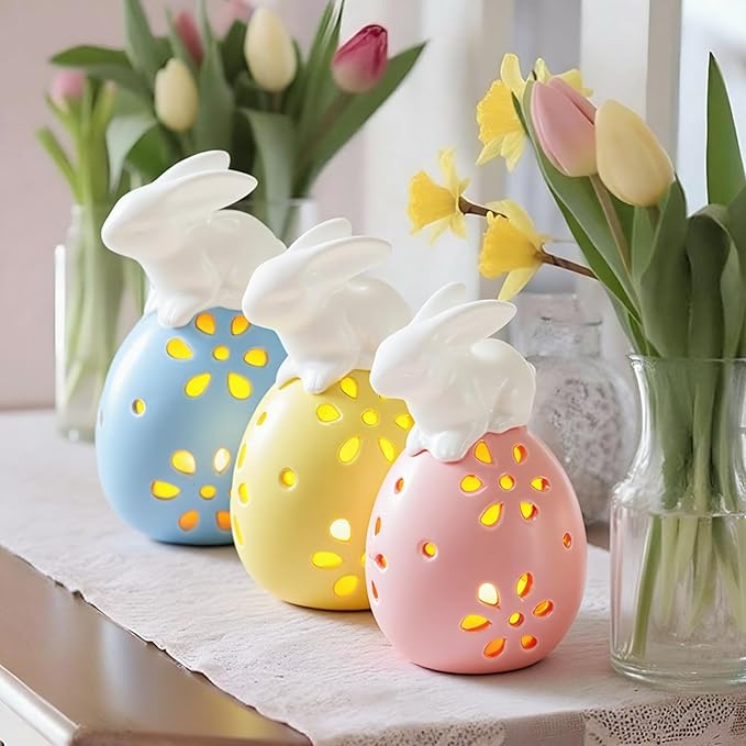 Frienda 3 Pcs Easter Ceramic Bunny Figurine Easter Egg 5 Inch LED Light up White Bunny with Egg Luminous Lighted Decorative Eggs for Table, Spring Rabbit Farmhouse Rustic Decoration