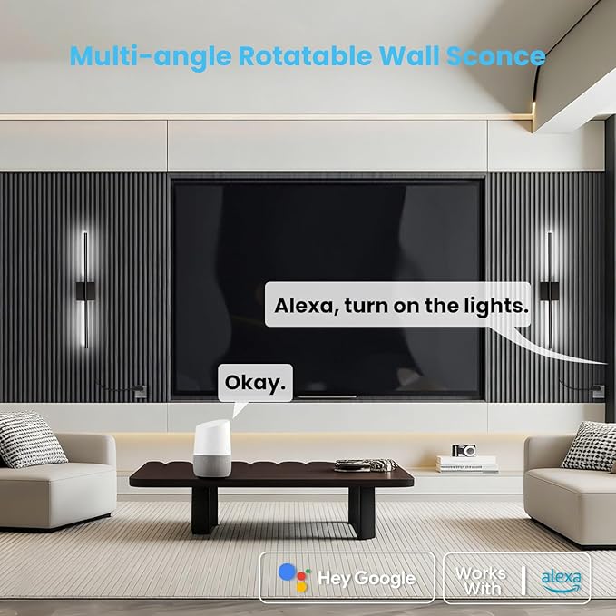 Lichaser Plug-in Black Wall Sconces for Acoustic Wood Panels, WiFi LED Sconce Lights Compatible with Alexa and Smart App, 3000K-6500K Color Temperature Adjustment, for Slat Wall Panels (Set of 2)