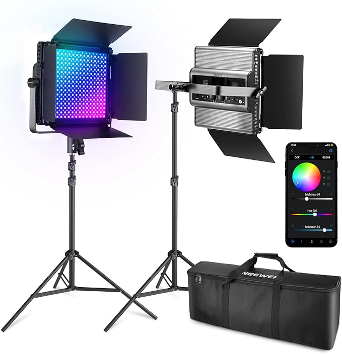 NEEWER 2 Pack RGB1200 LED Video Light with APP/2.4G Control, Key Lighting Kit with Tripod Stands & Bag for Streaming Recording Studio Photography, 60W/22000Lux/1% Min Dimming/360° RGB/CRI97+/TLCI98+