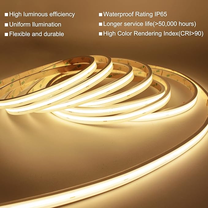 COB LED Strip Lights,2700K Warm White,24V led Light Strips Waterproof,480LEDs/M,16.4ft/5M,CRI90+ Outdoor cob led,Ip67 Sauna Lights for Sauna Room,Pool,Garden,(Power Not Included)