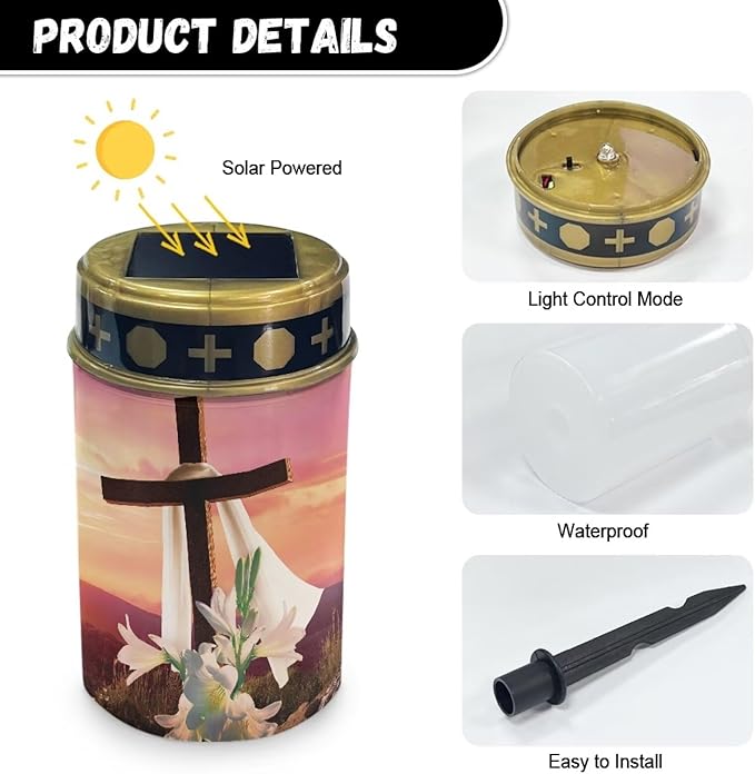 Floral Cross Solar Grave Lights for Cemetery Flameless Solar Powered Light for Prayer Waterproof Outdoor Easter Decor Cemetery Solar Lights for Grave Lamp